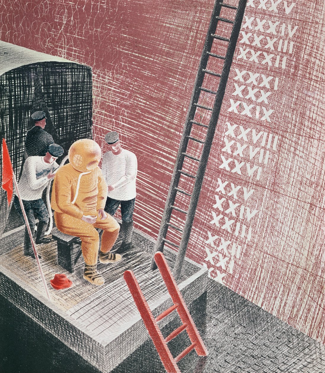 Taucher wird für den Abstieg vorbereitet von Eric Ravilious