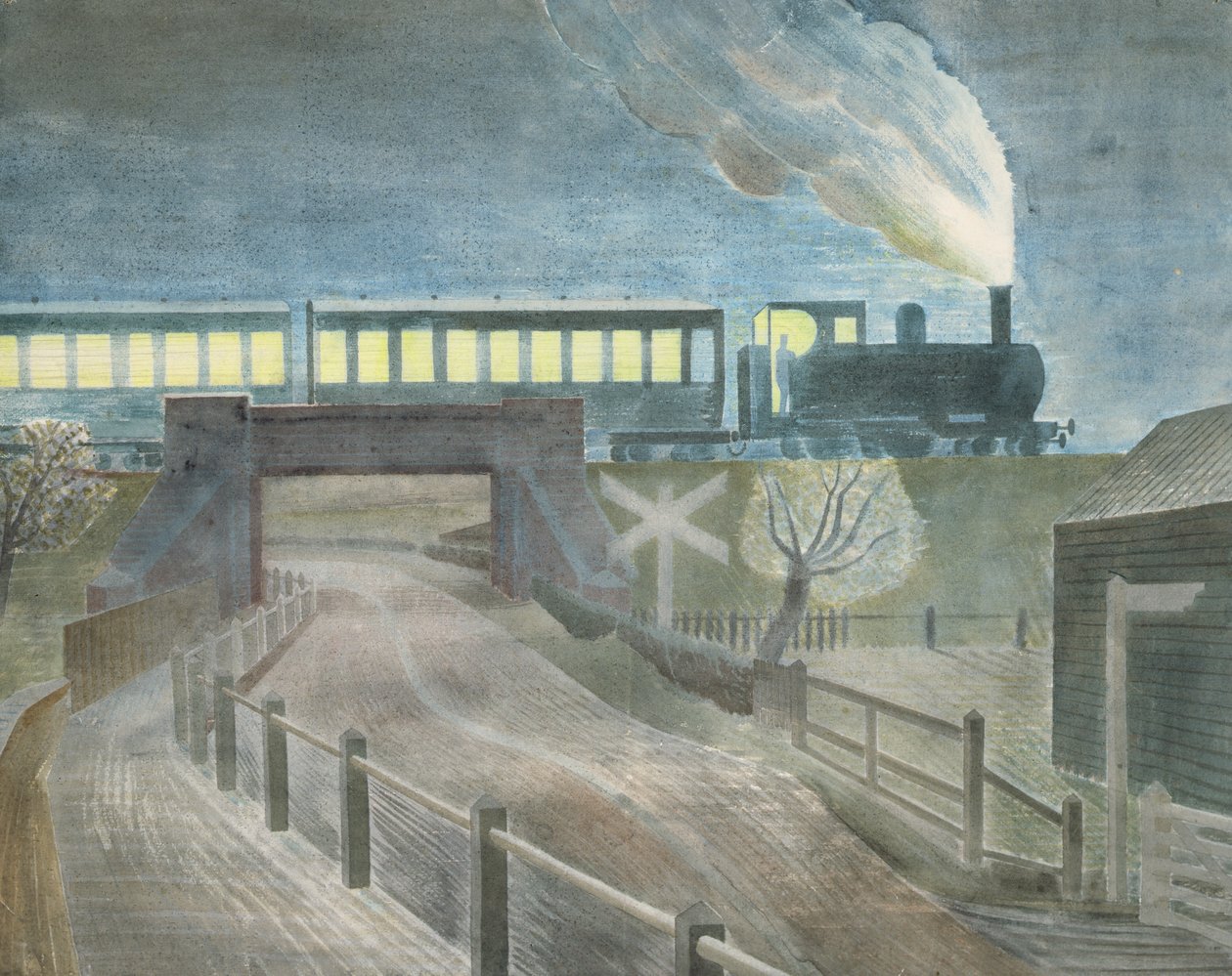 Zug fährt nachts über eine Brücke von Eric Ravilious