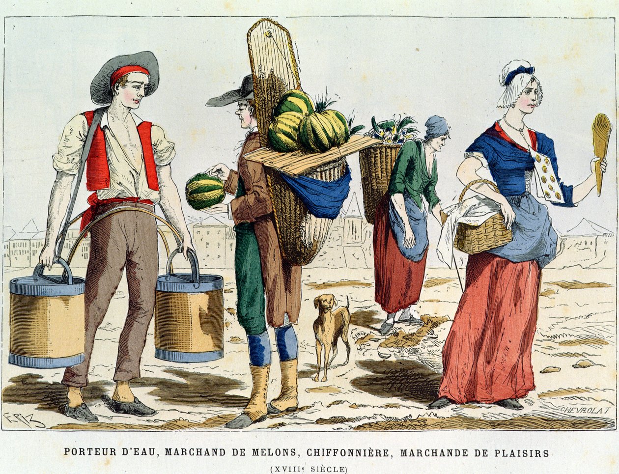 Wasserträger; Melonenverkäufer, Lumpensammlerin und Süßwarenverkäuferin im achtzehnten Jahrhundert, aus Costumes de Paris a Travers les Siecles, veröffentlicht 1887 (Farbstich) von Eriz