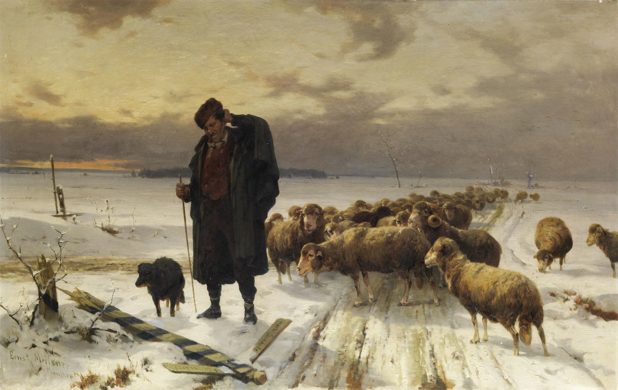 Schäfer mit Herde in Winterlandschaft von Adolf Ernst Meissner
