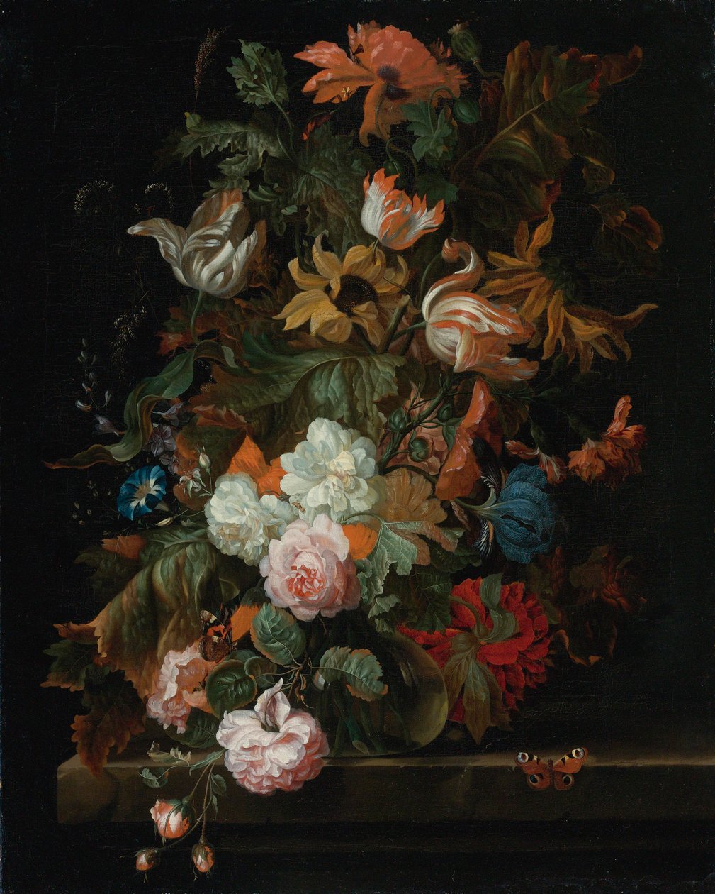 Stillleben mit Blumen in einer Glasvase mit Schmetterling von Ernst Stuven