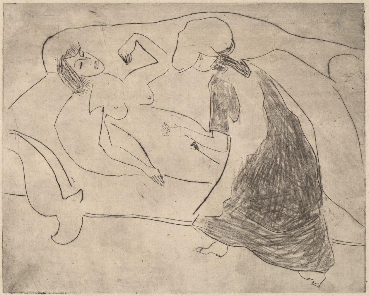 Mädchen, mit einer anderen, die ihren Bauch reibt von Ernst Ludwig Kirchner