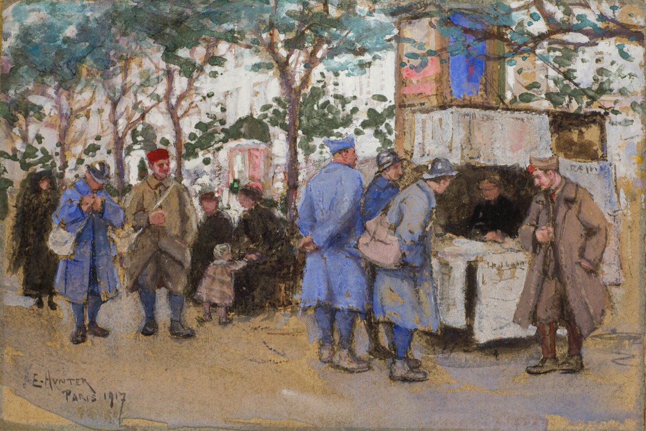 Soldaten an einem Zeitungsstand, Paris, 1917 von Ethel Hunter