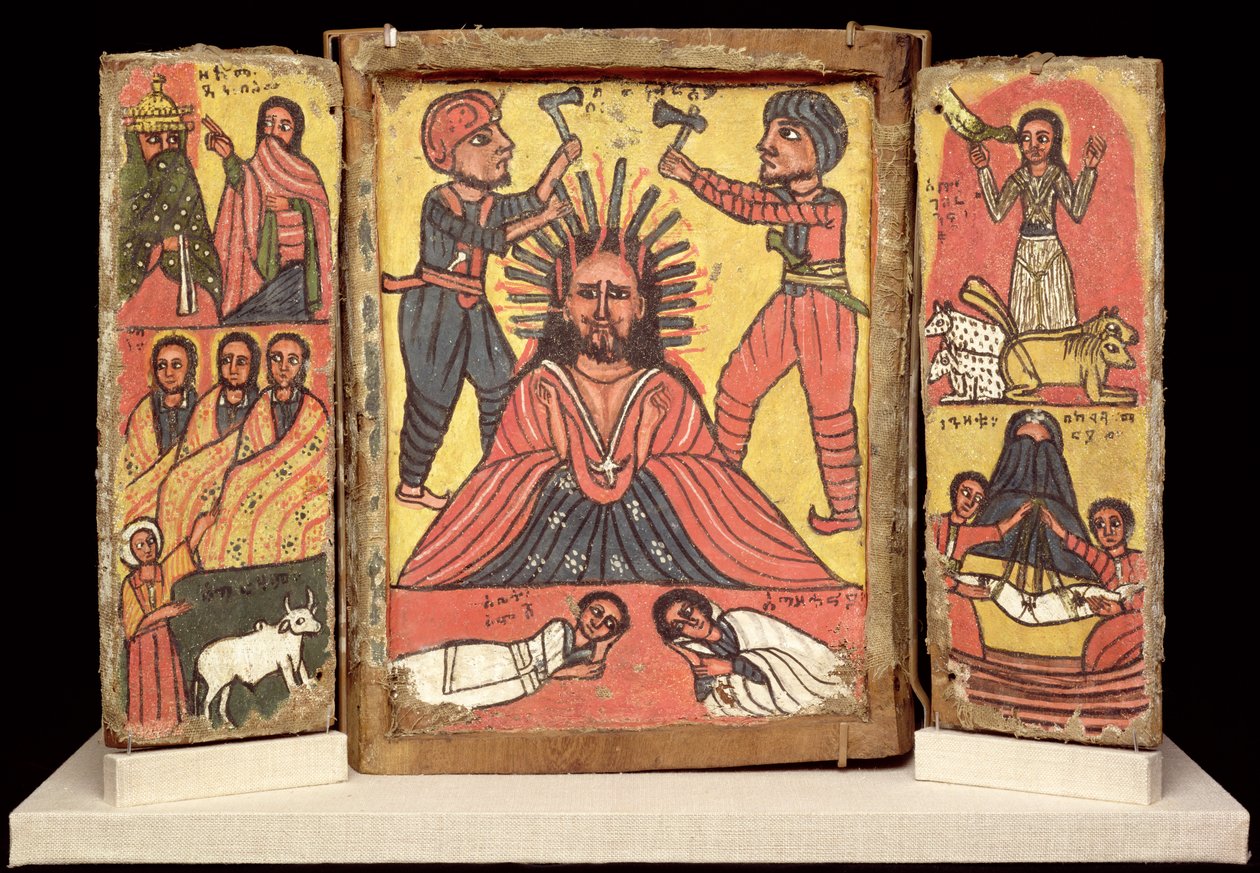 Doppeltriptychon, Amhara-Kultur (Gesso und Pigment auf Leinen) von Ethiopian School