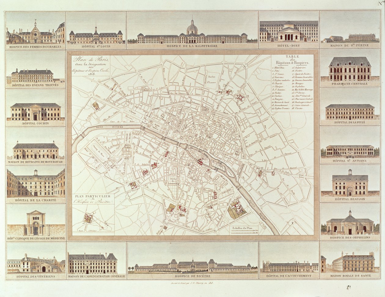 Plan von Paris mit Angabe der zivilen Krankenhäuser und Heime, 1818, veröffentlicht 1820 von Etienne Jules Thierry