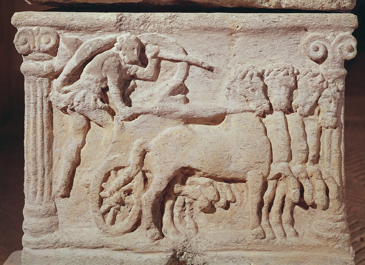 Detail einer Quadriga von einem Sarkophag, Mann mit Kalb von Etruscan