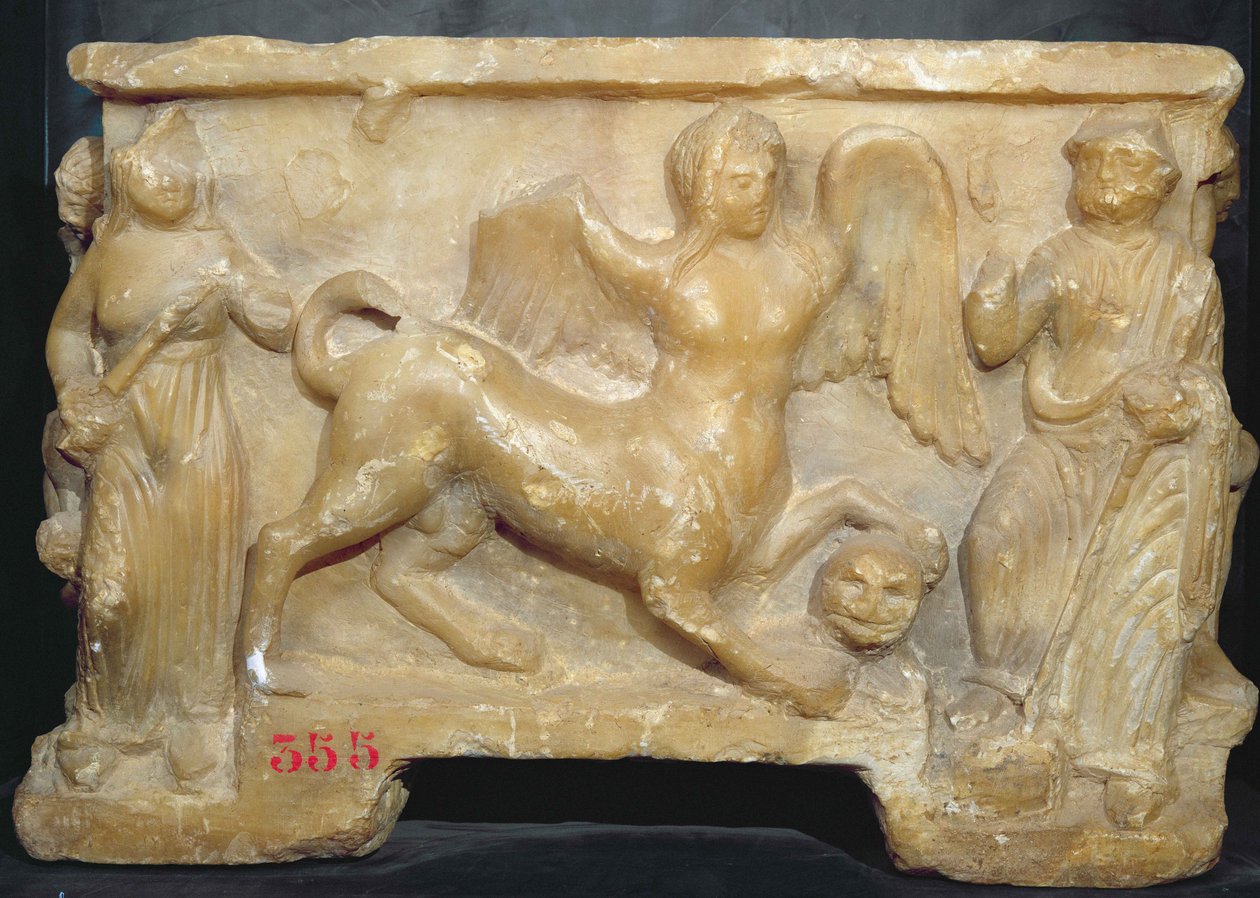 Graburne, die Ödipus und die Sphinx darstellt (Alabaster) von Etruscan