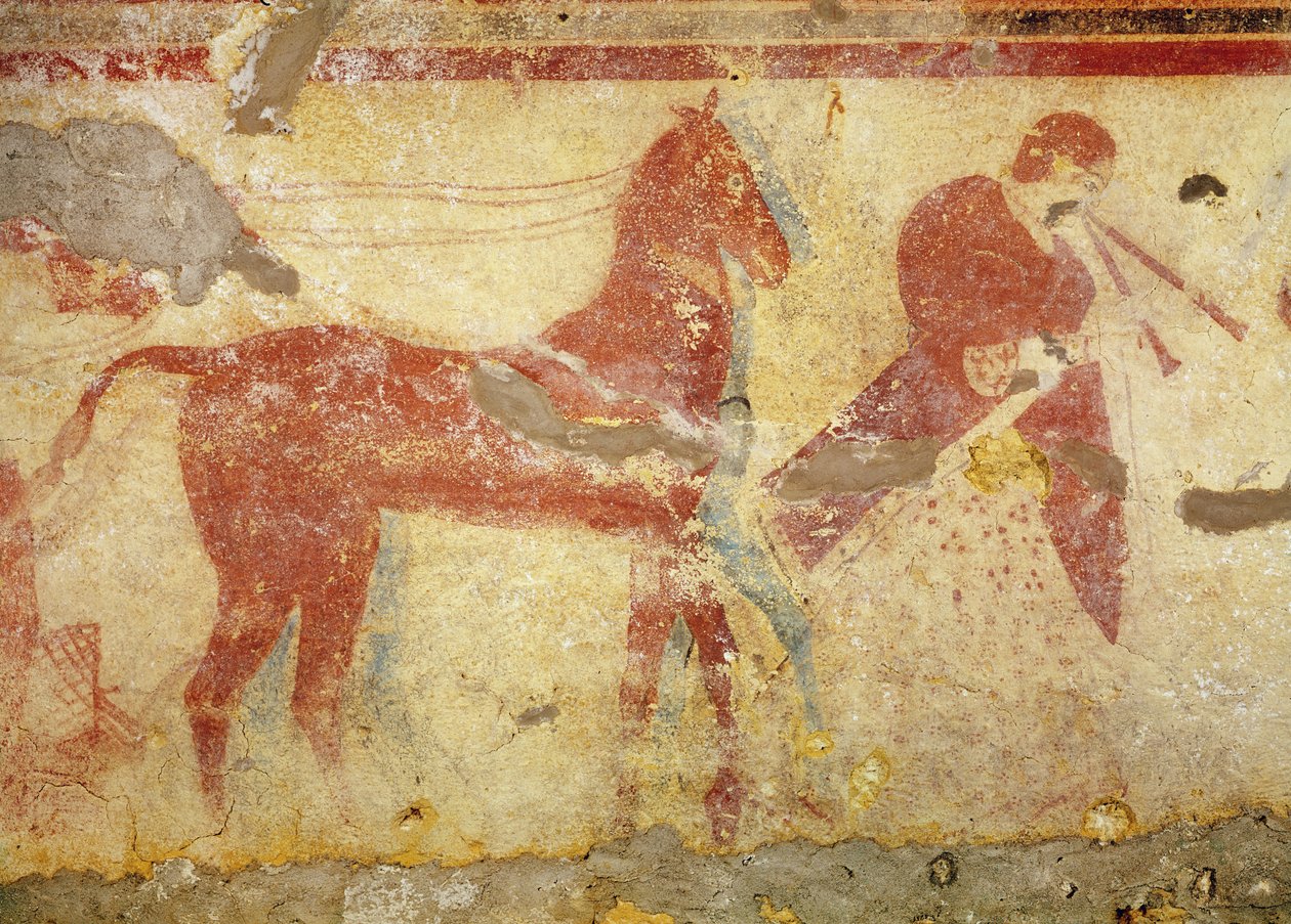 Zwei Pferde und ein Musiker, aus dem Grab der Giustiniani, Mitte 5. Jahrhundert v. Chr. von Etruscan