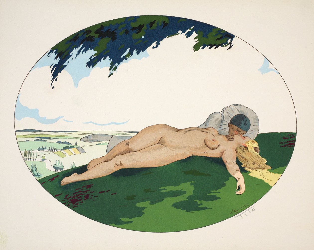 Die fünf Sinne - Hören, Sehen, Riechen, Tasten und Schmecken, veröffentlicht Paris, 1925 von Ettore Tito