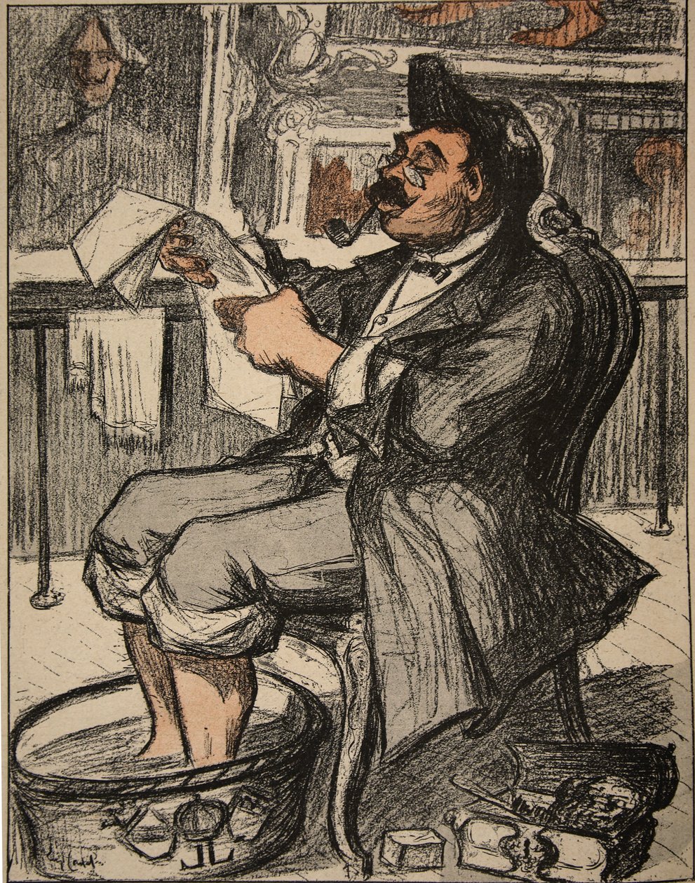 Ein Regierungsbeamter liest seine Zeitung mit einem Fußbad, Illustration aus 