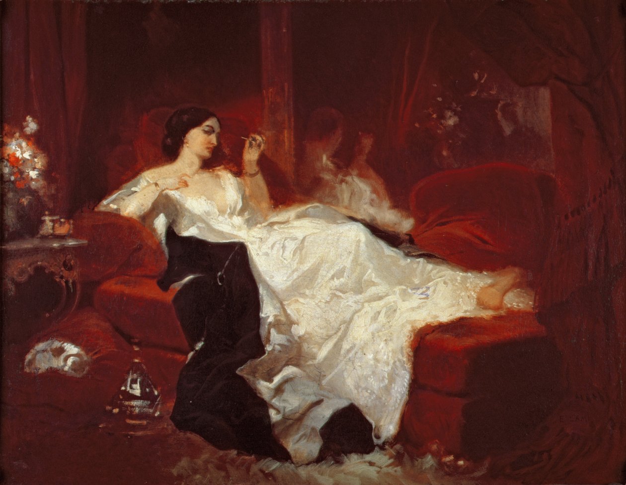 Frau auf einem roten Sofa von Eugene Louis Lami