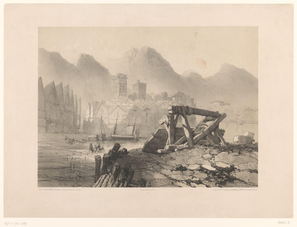 Stadtansicht mit Hafen und Bergen von Eugene Ciceri