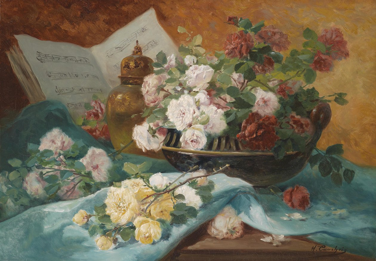 Stillleben mit Rosen in einer Schale, Ziergegenstand und Partitur von Eugene Henri Cauchois
