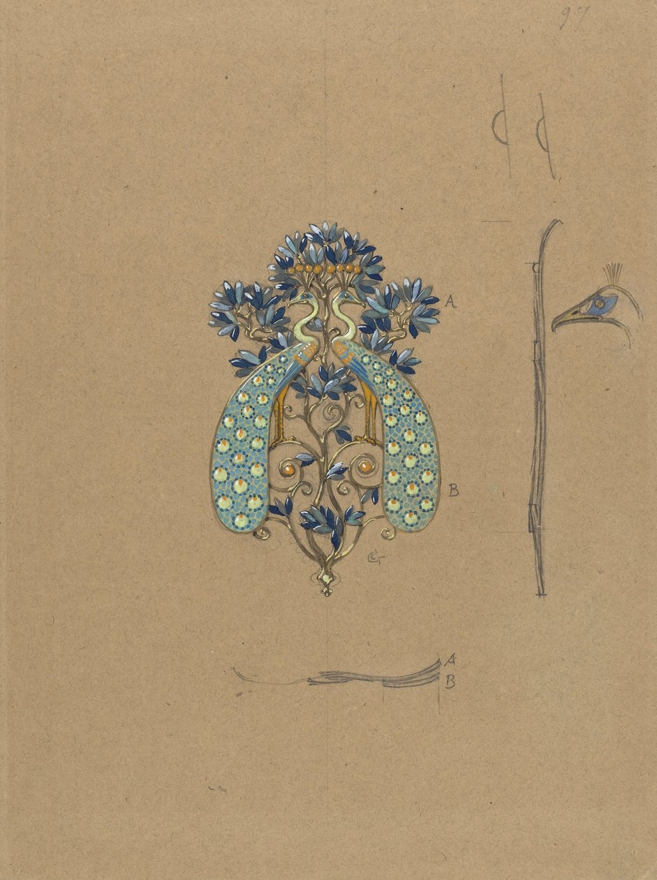 Entwurf für eine Gürtelschnalle mit Pfauenmotiv von Eugene Grasset