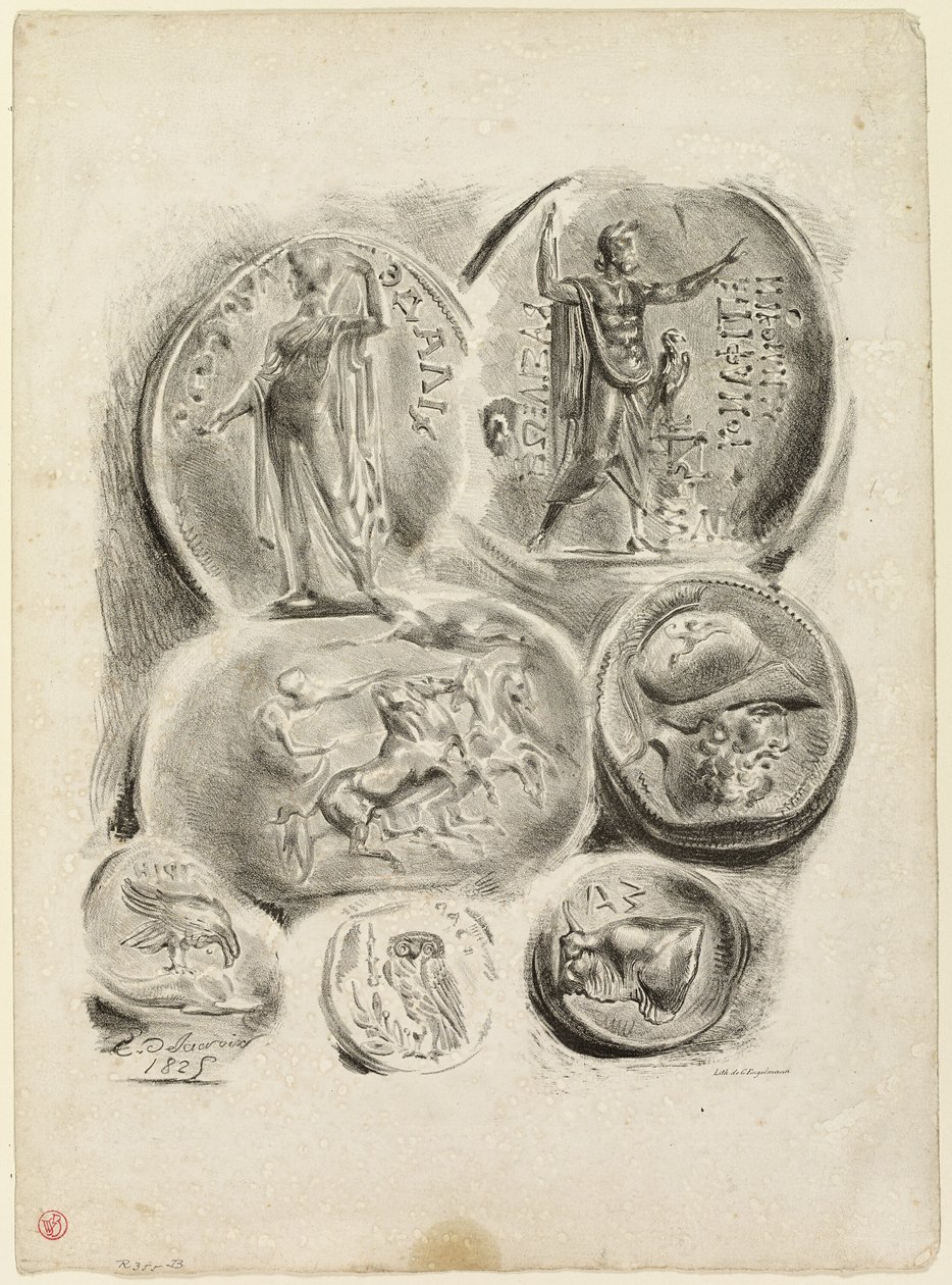 Blatt mit sieben antiken Medaillen von Eugène Delacroix