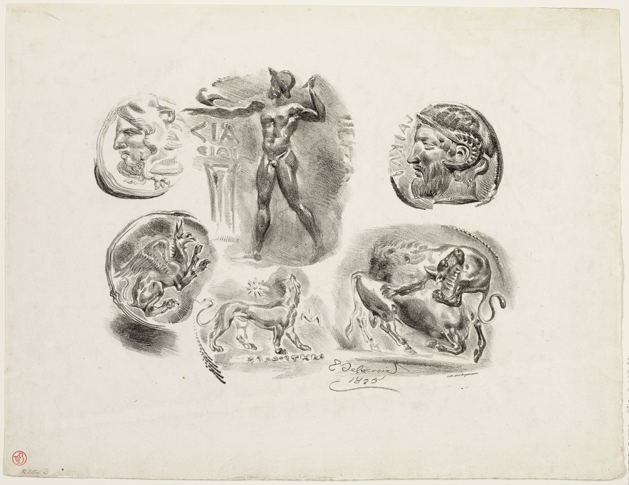 Blatt mit sechs antiken Medaillen von Eugène Delacroix