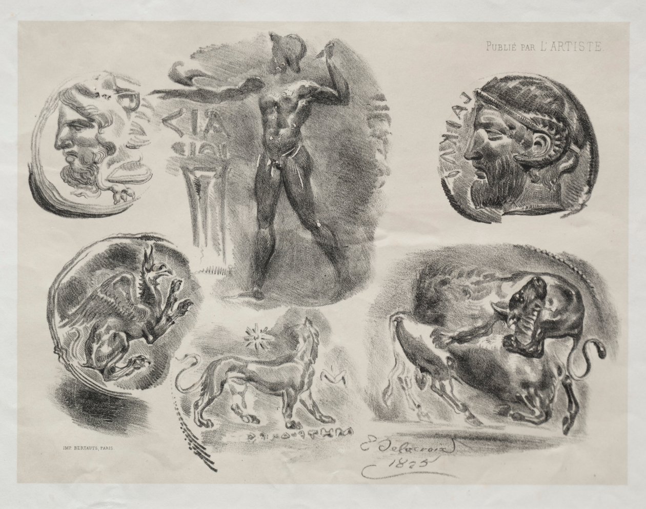 Blatt mit sechs antiken Medaillen von Eugène Delacroix