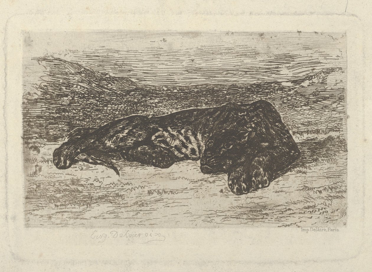 Tiger liegt in der Wüste von Eugène Delacroix