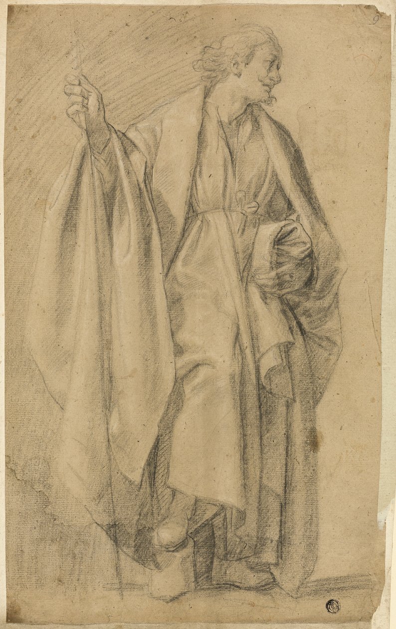 Stehende, drapierte männliche Figur, die einen Stab hält von Eustache Le Sueur