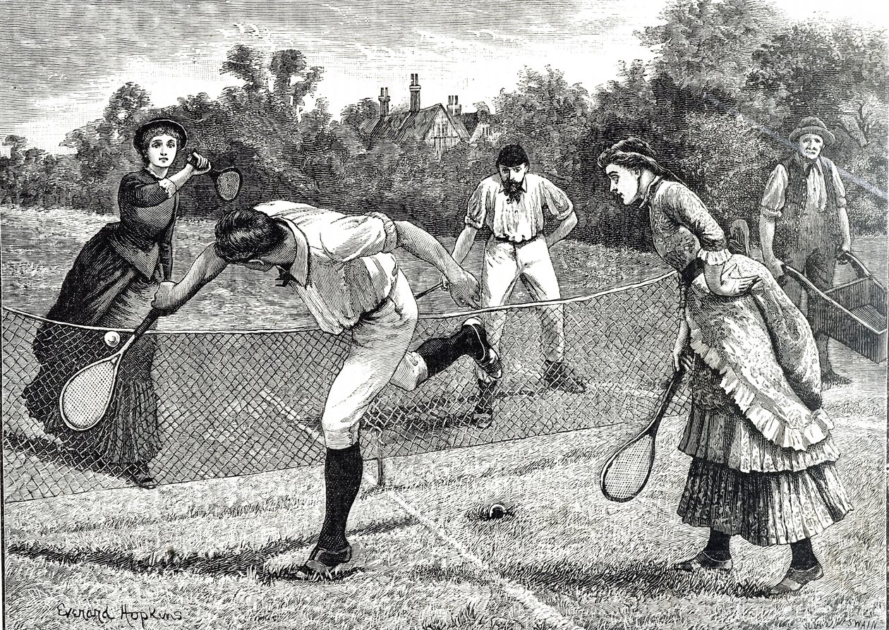 Gravur, die ein freundliches Doppel-Tennismatch darstellt von Everard Hopkins