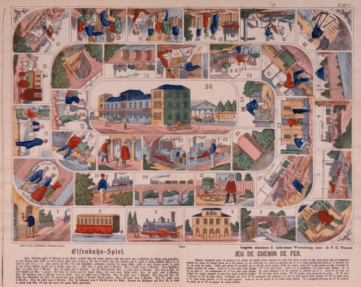 Dampfzugspiel, Bildbogen veröffentlicht von Ackermann, Wissembourg, ca. 1860 von F. C. Wentzel