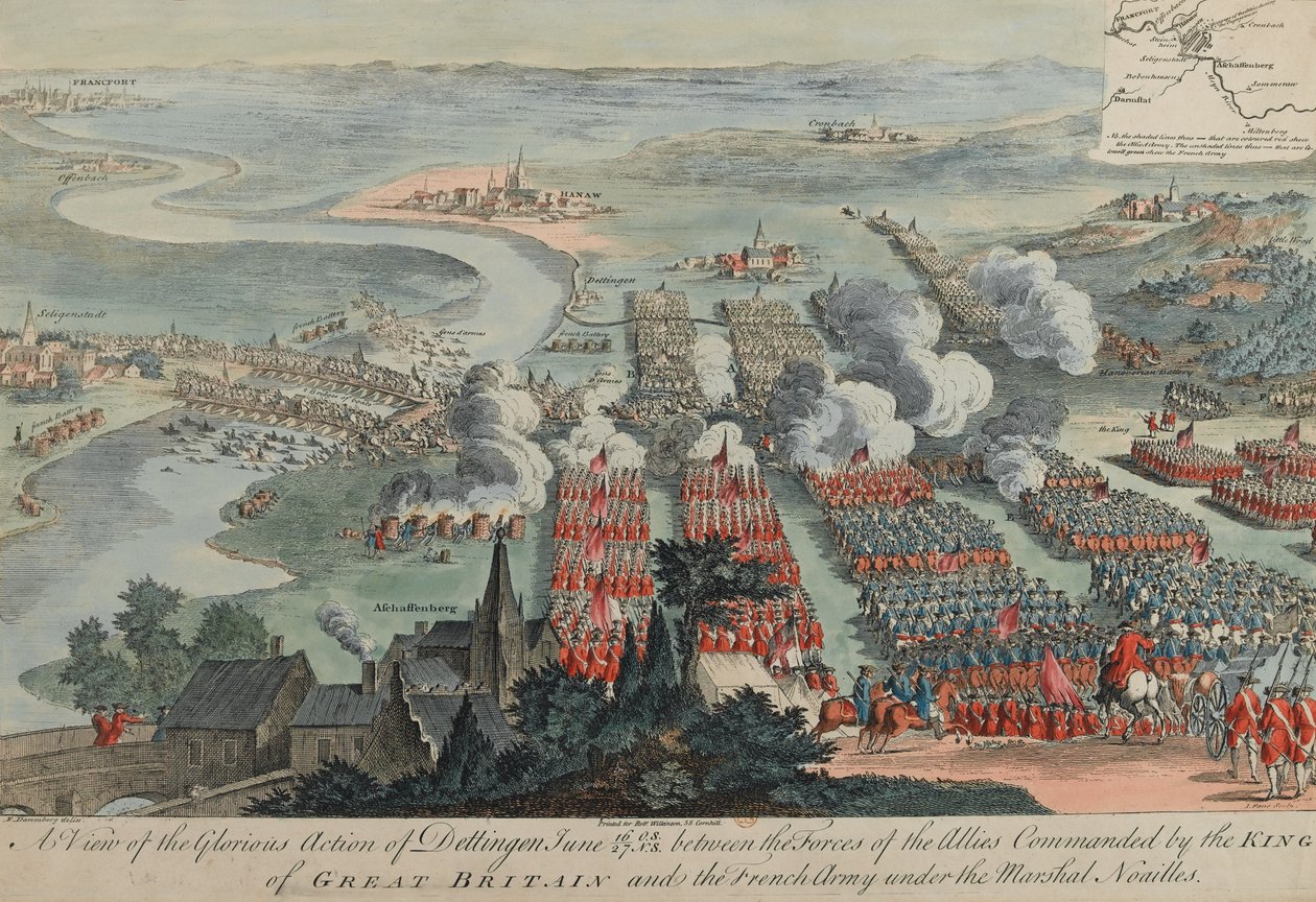 Eine Ansicht der glorreichen Aktion von Dettingen, 16.-27. Juni 1743, graviert von I. Pano, veröffentlicht von Robert Wilkinson, London, 1743 von F. Daremberg
