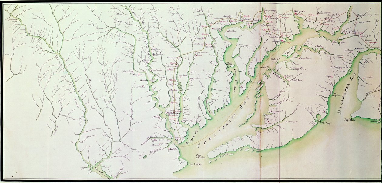 Generalkarte der Lager und Märsche der Armee in Amerika auf Befehl von Rochambeau, Detail der linken Seite, aus Guerre de l