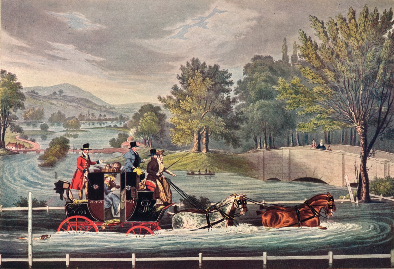 Postkutsche in einer Flut, ca. 1827, 1904 von F Rosenbourg