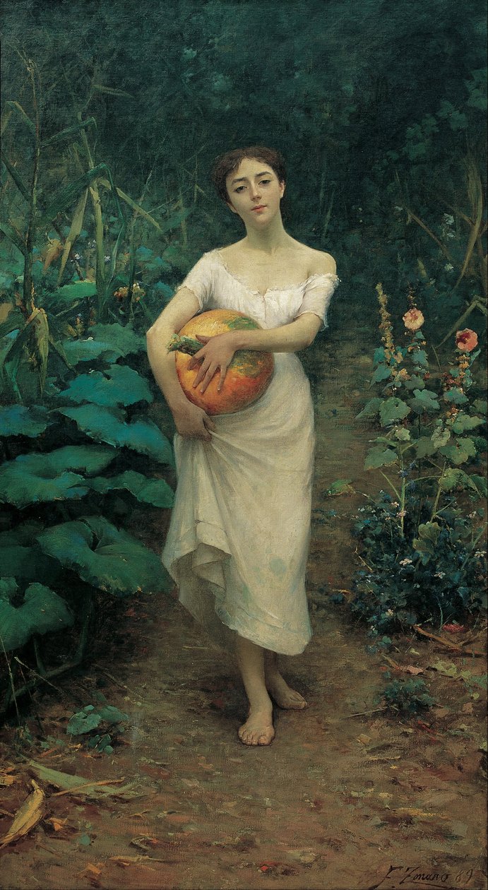 Junges Mädchen, das einen Kürbis trägt von Fausto Zonaro