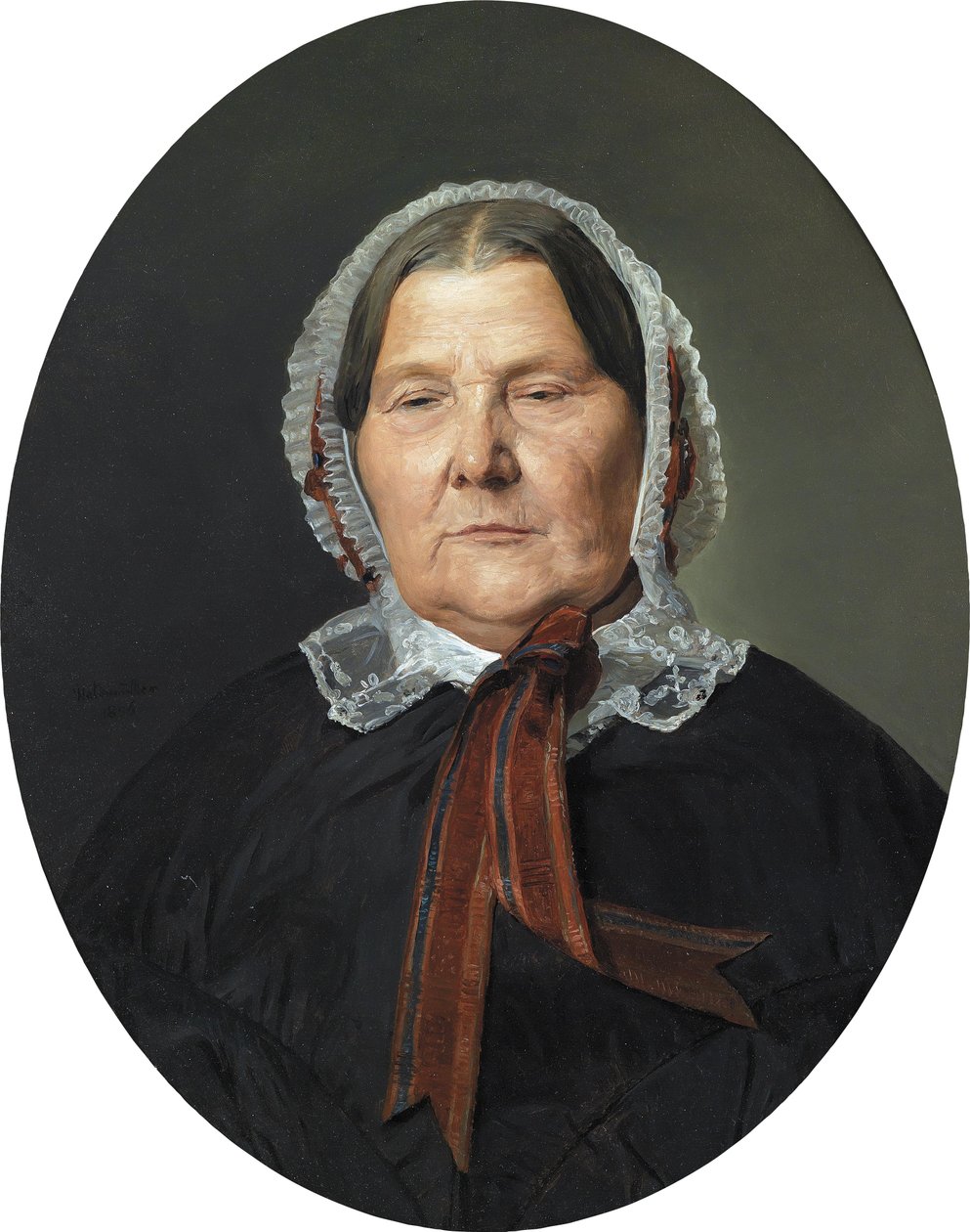 Alte Frau in schwarzem Kleid und weißer Rüschenhaube mit roten Bändern von Ferdinand Georg Waldmuller