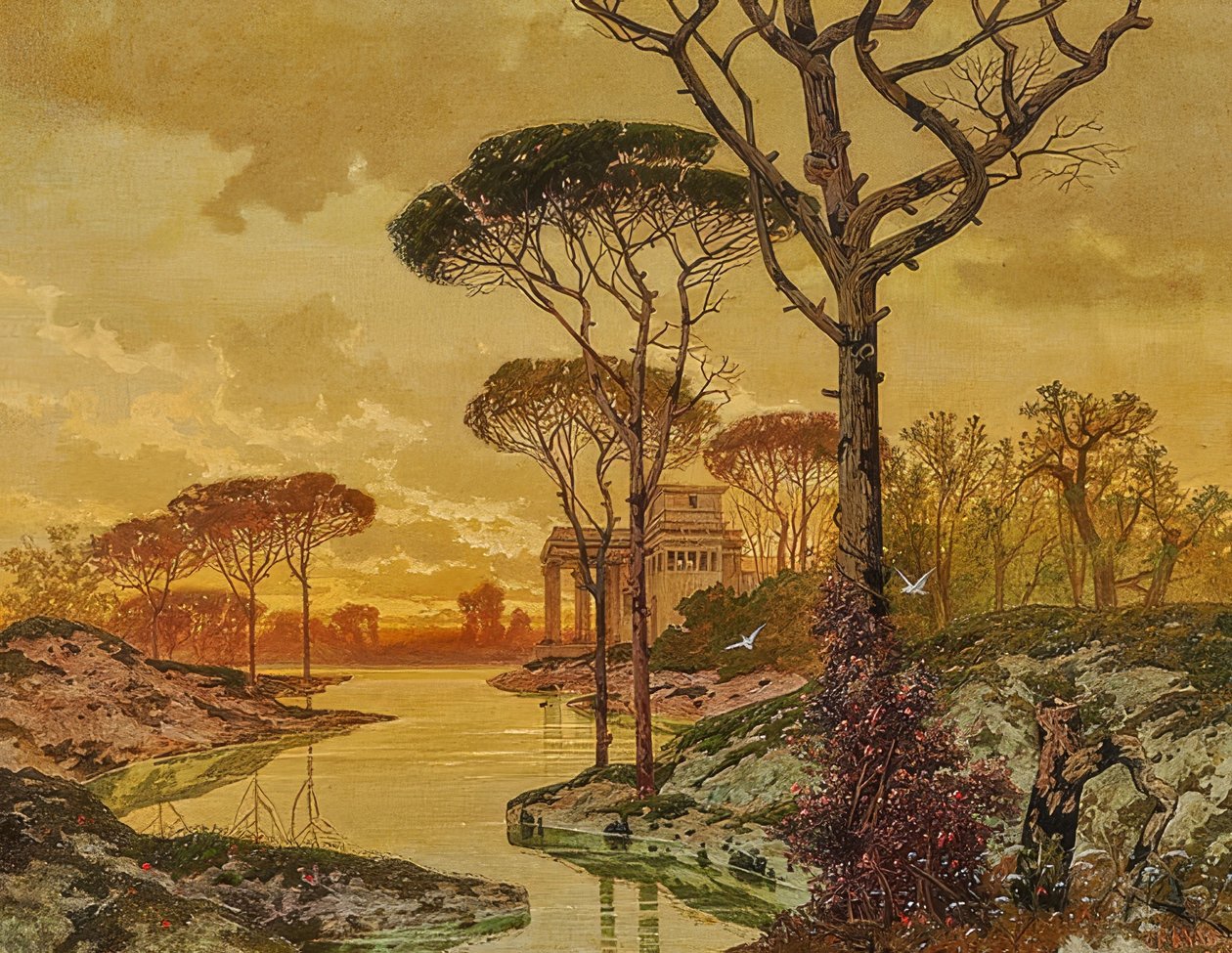 Abendliche Uferlandschaft mit antikisierender Villa von Ferdinand Knab