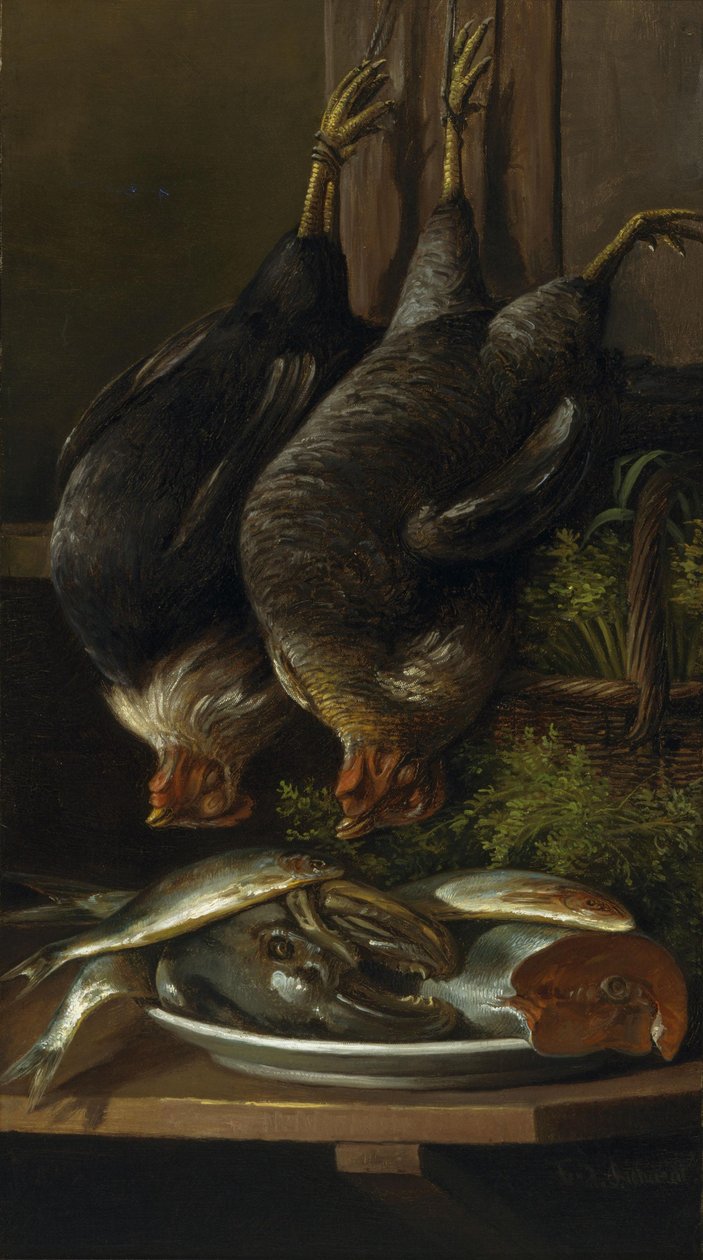 Stillleben mit Hühnern und Fischen von Ferdinand Richardt