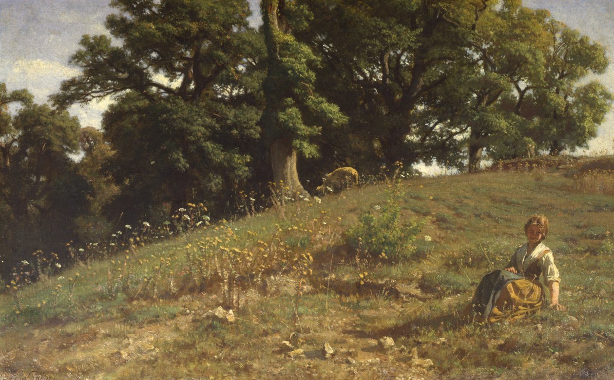 Wiese mit Eiche und Bauer von Filippo Palizzi
