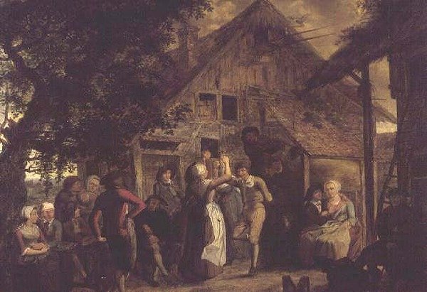 Dorfbewohner beim Feiern vor einem Bauernhaus von Flemish School