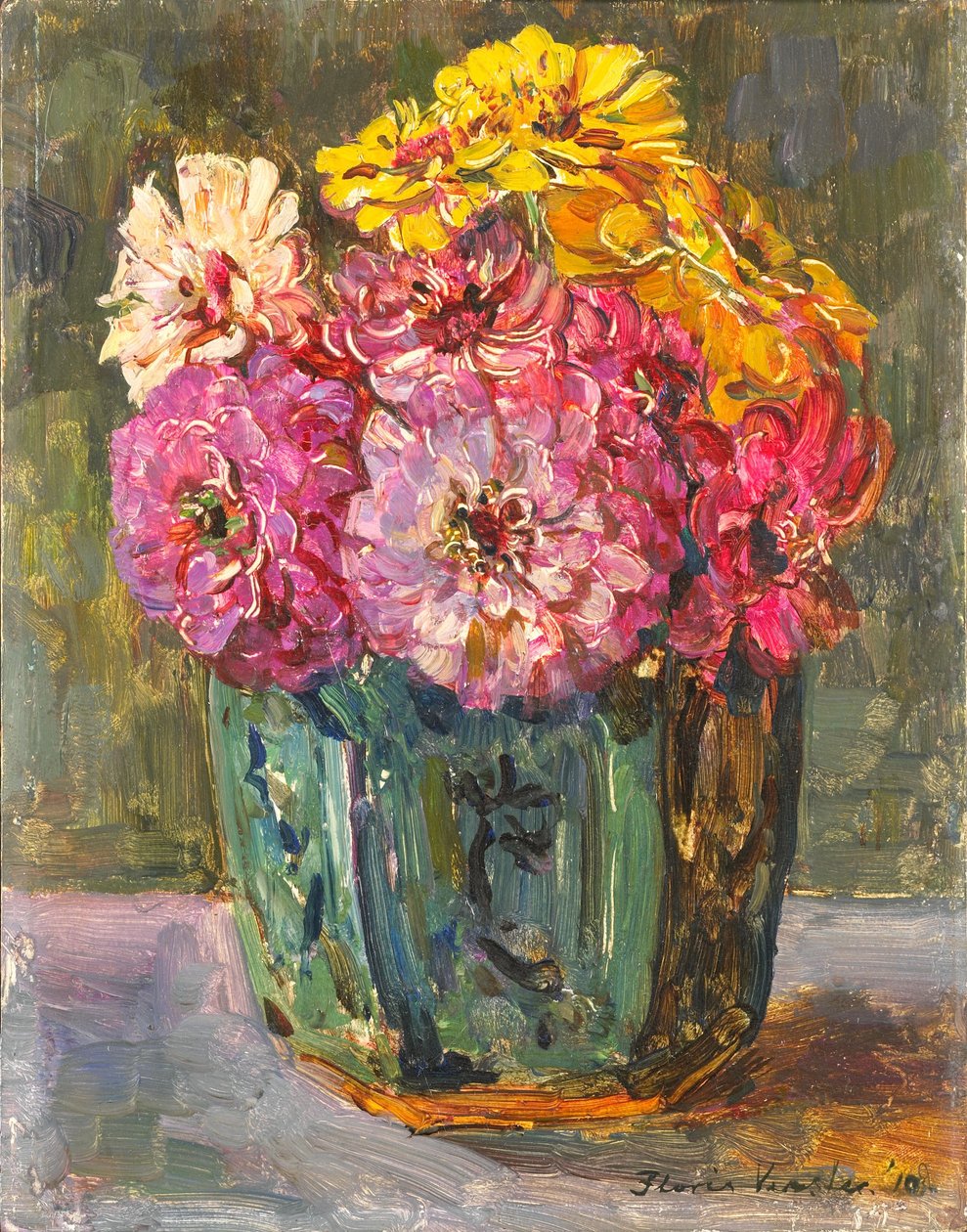 Stillleben mit Zinnien in einem Ingwertopf von Floris Verster
