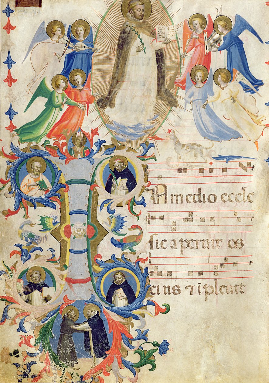 Ms 558 f.67v Seite darstellend St. Dominikus und ein historisiertes Initial 