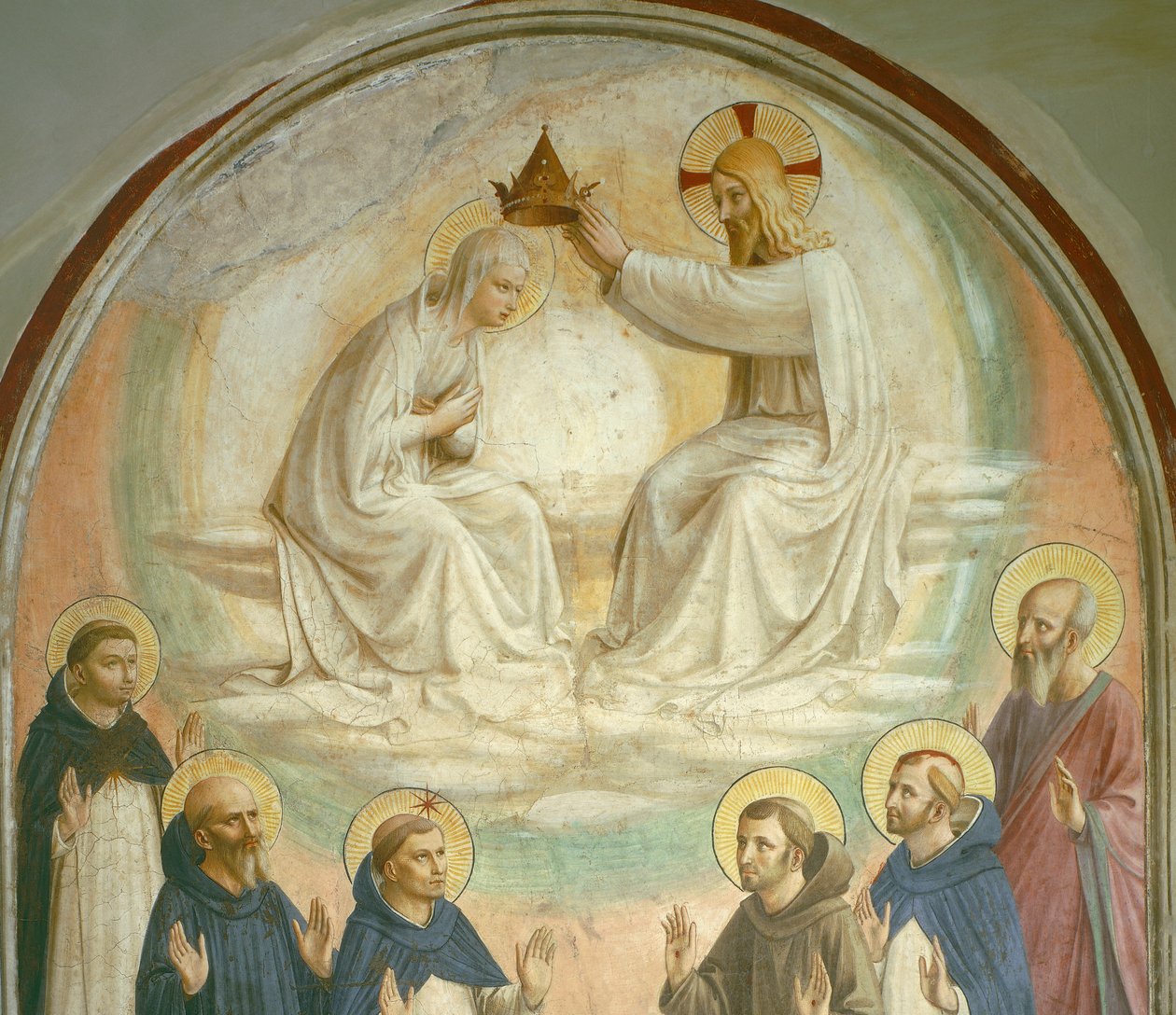 Die Krönung der Jungfrau mit den Heiligen Thomas, Benedikt, Dominikus, Franziskus, Peter der Märtyrer und Paulus, 1442 (Detail) von Fra Angelico