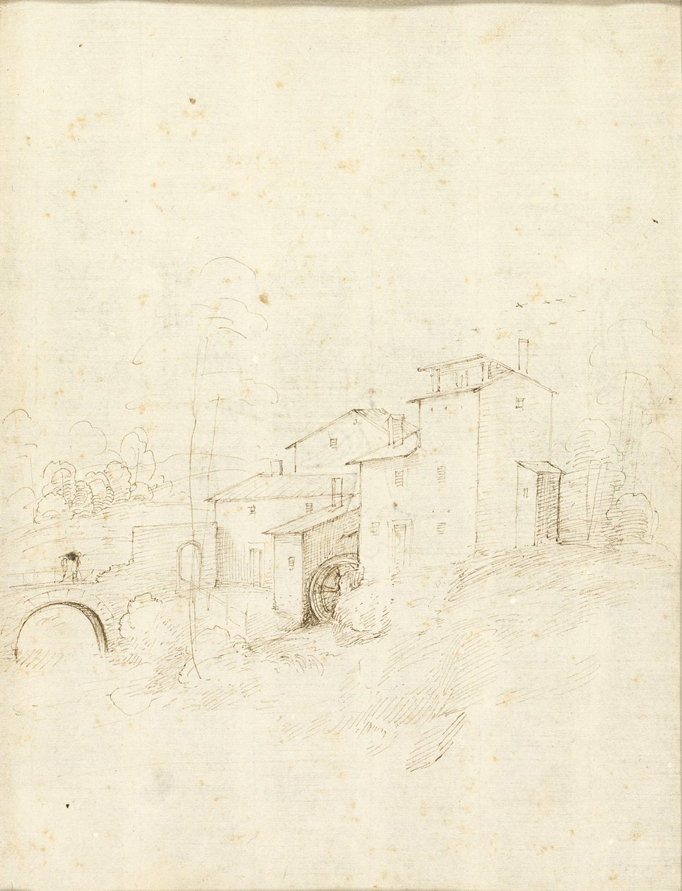 Wassermühle mit Figuren auf einer Bogenbrücke von Fra Bartolommeo
