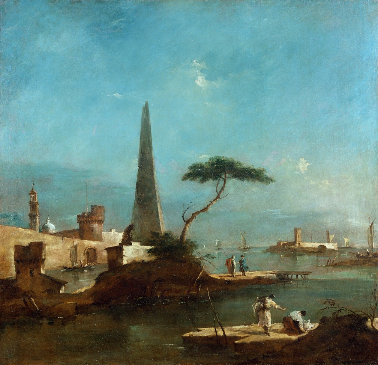 Obelisk neben dem Eingang zu einem ummauerten Hafen von Francesco Guardi