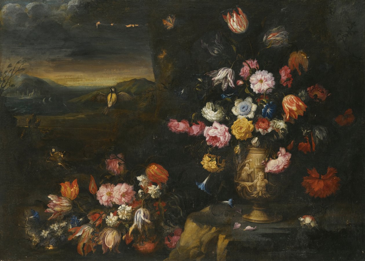 Stillleben mit Blumenvase in einer Küstenlandschaft von Francesco Mantovano