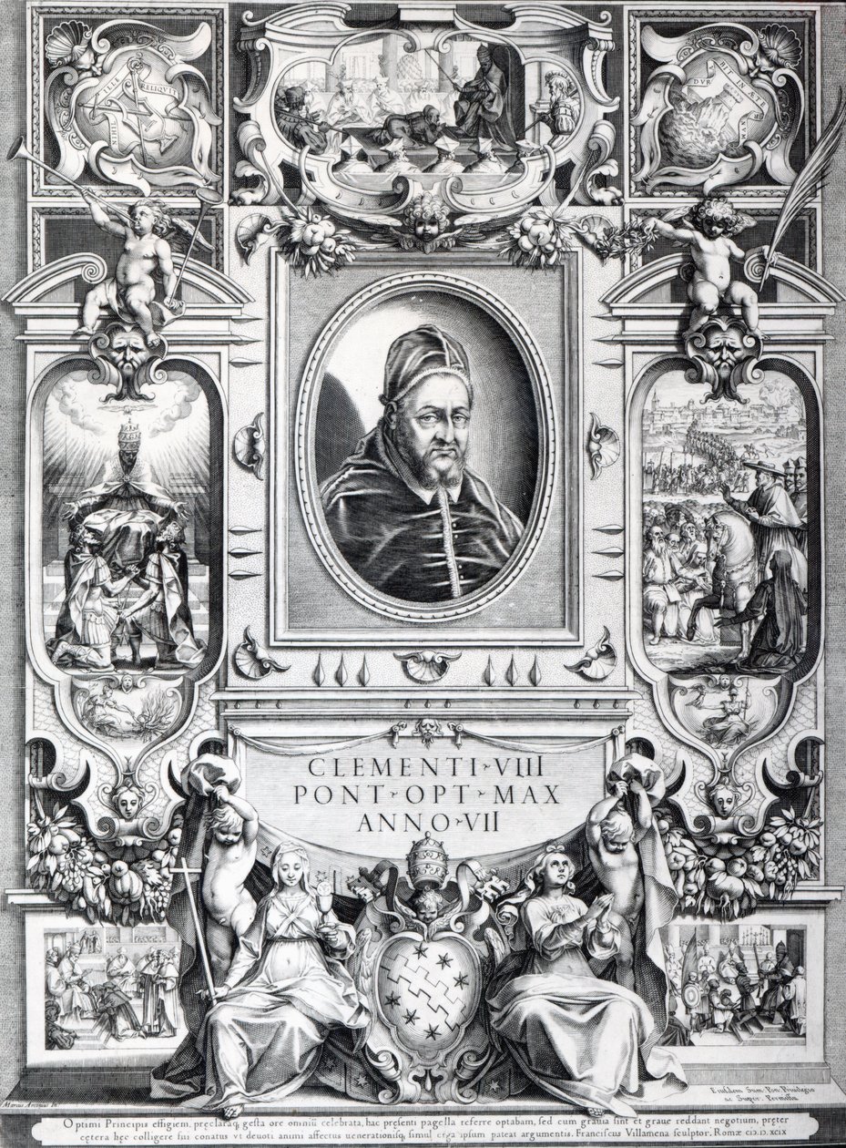 Papst Clemens VIII., umgeben von Szenen aus seinem Leben von Francesco Villamena