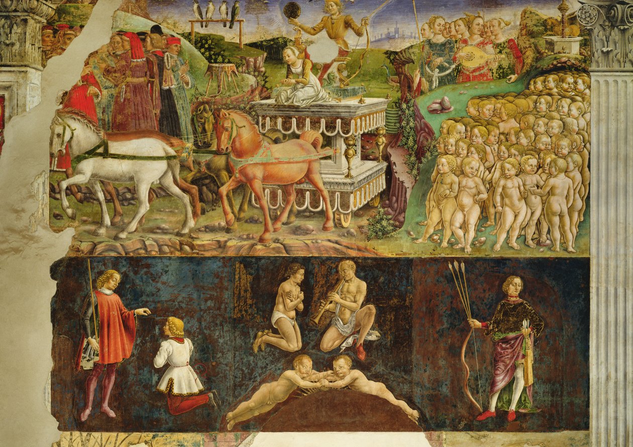 Allegorie des Mai: der Triumph des Apollo, astrologische Symbole des Zwillings, 1469-70 von Francesco del Cossa