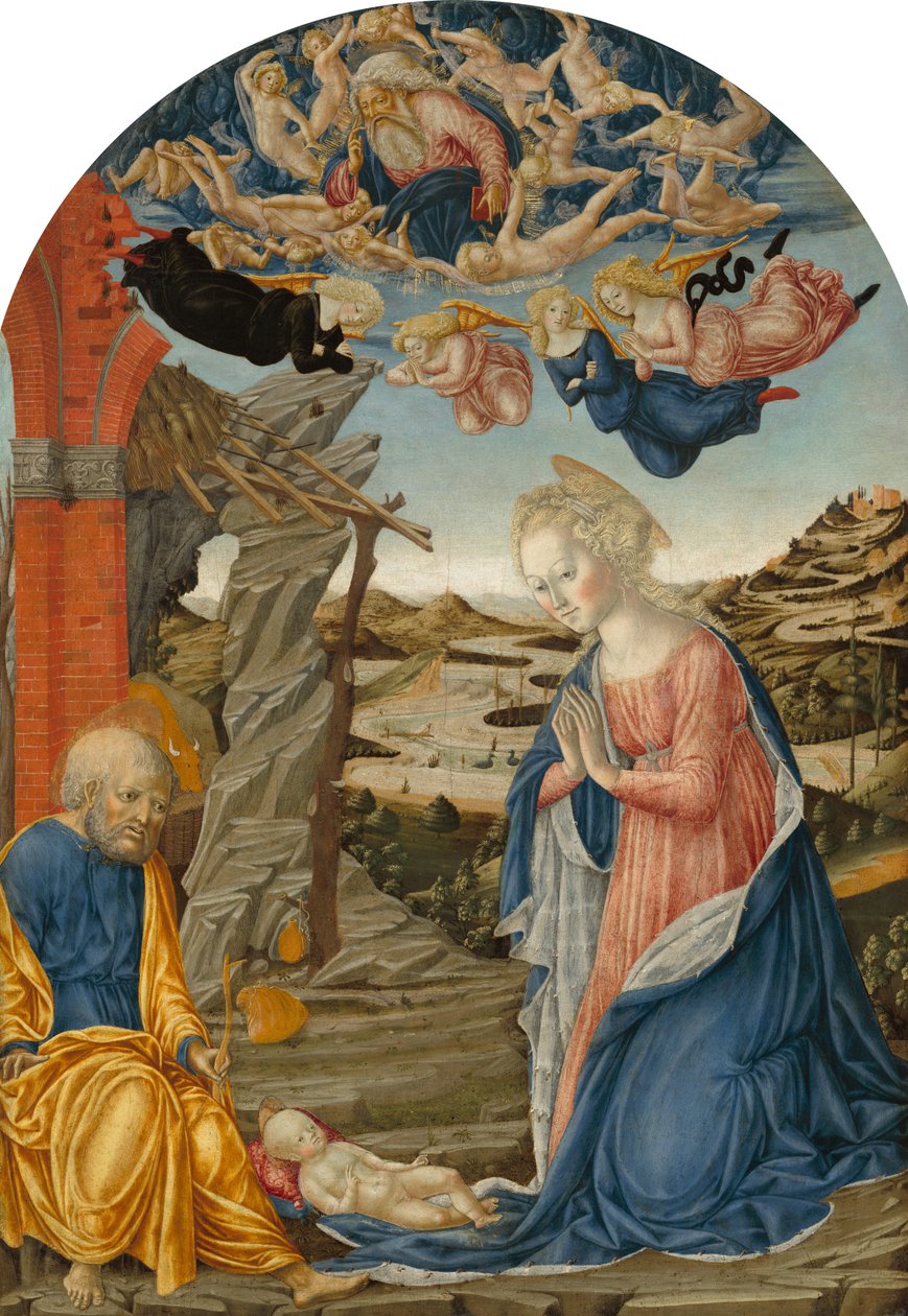 Die Geburt Christi, mit Gott dem Vater umgeben von Engeln und Cherubim von Francesco di Giorgio  