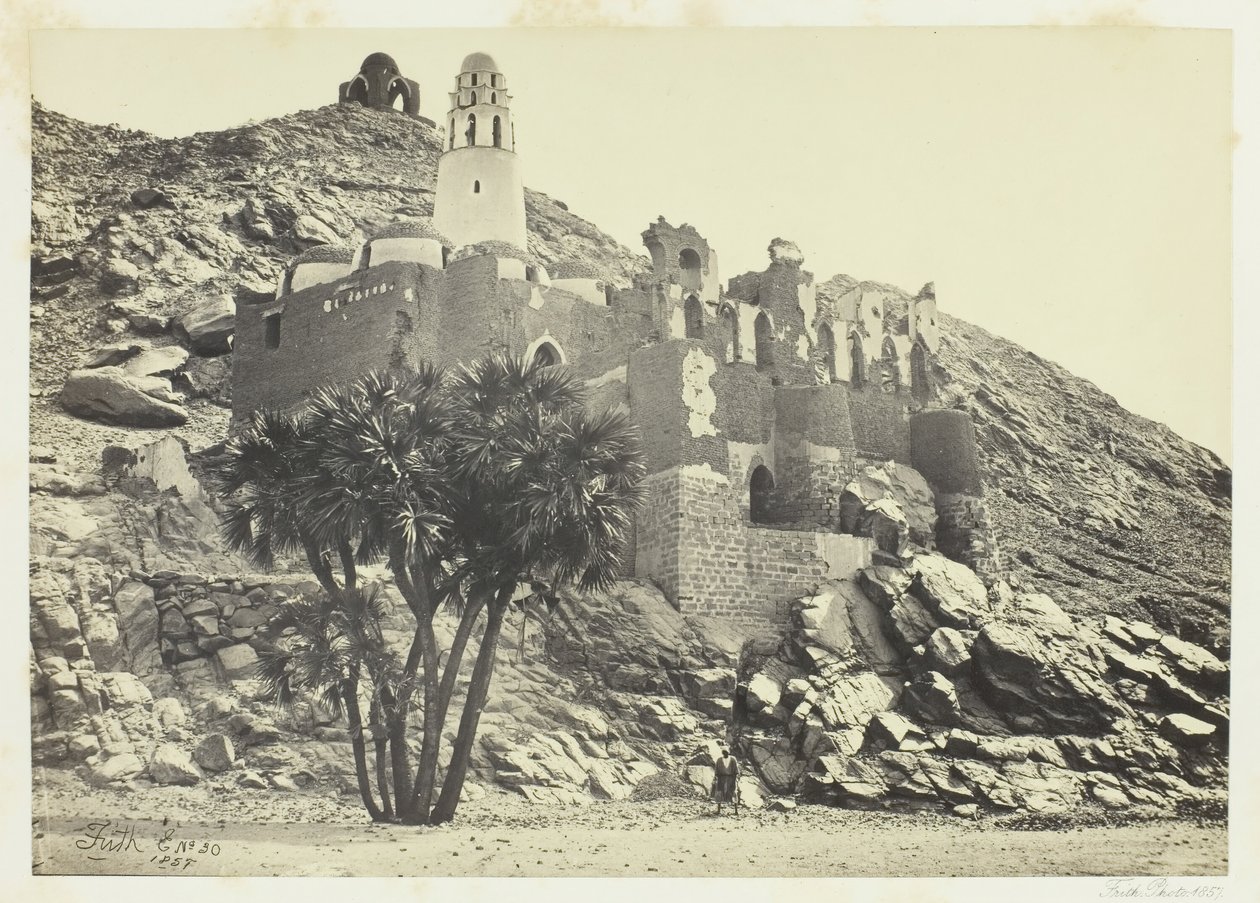 Doum-Palme und zerstörte Moschee, Philä, 1857 von Francis Frith