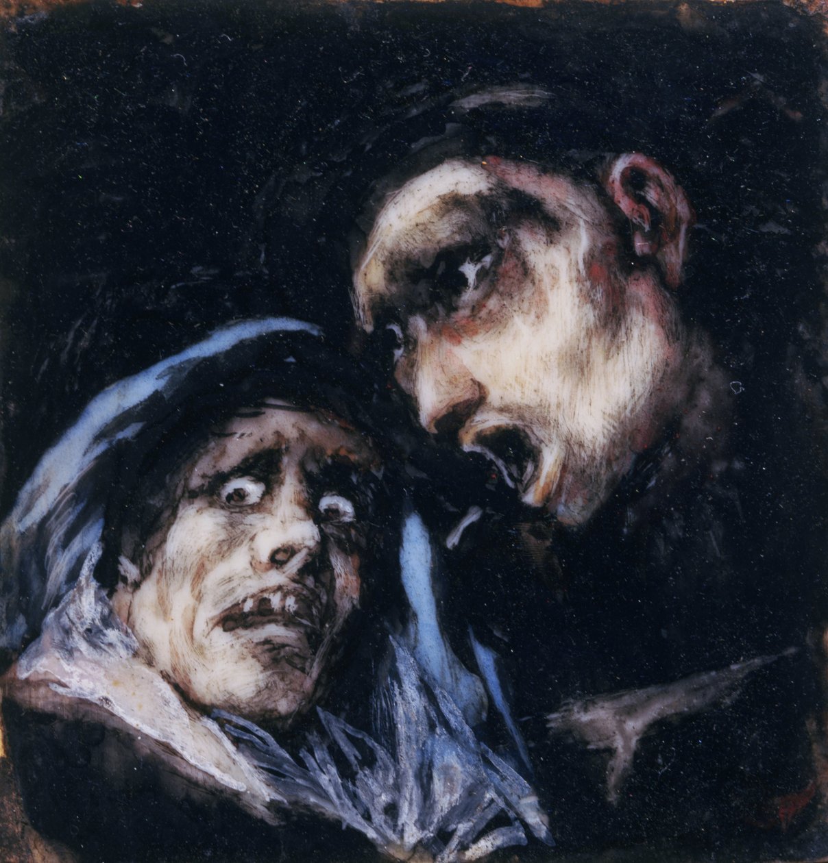 Mönch spricht mit einer alten Frau von Francisco de Goya