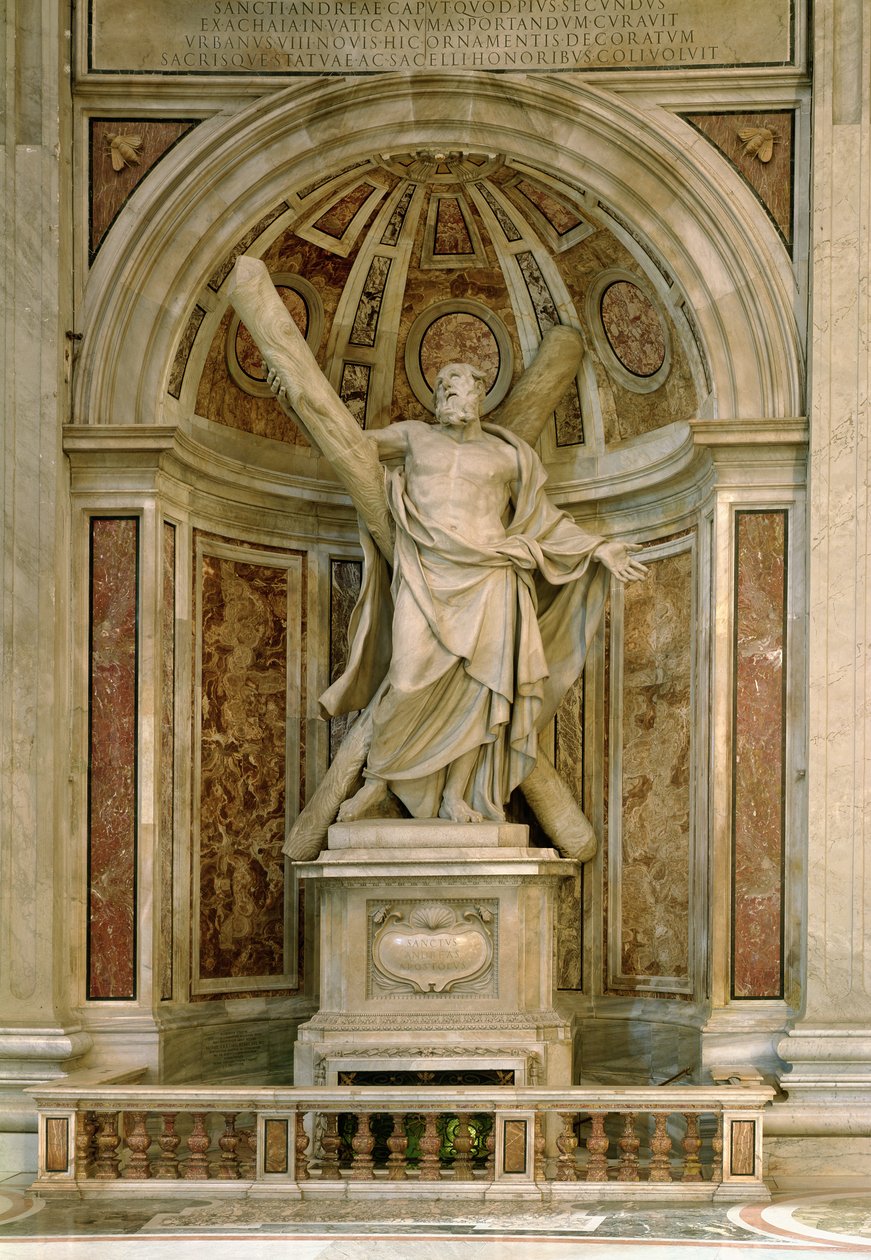Statue des Heiligen Andreas, an der Basis der vier Säulen, die die Kuppel stützen, 1629-40 von Francois Duquesnoy