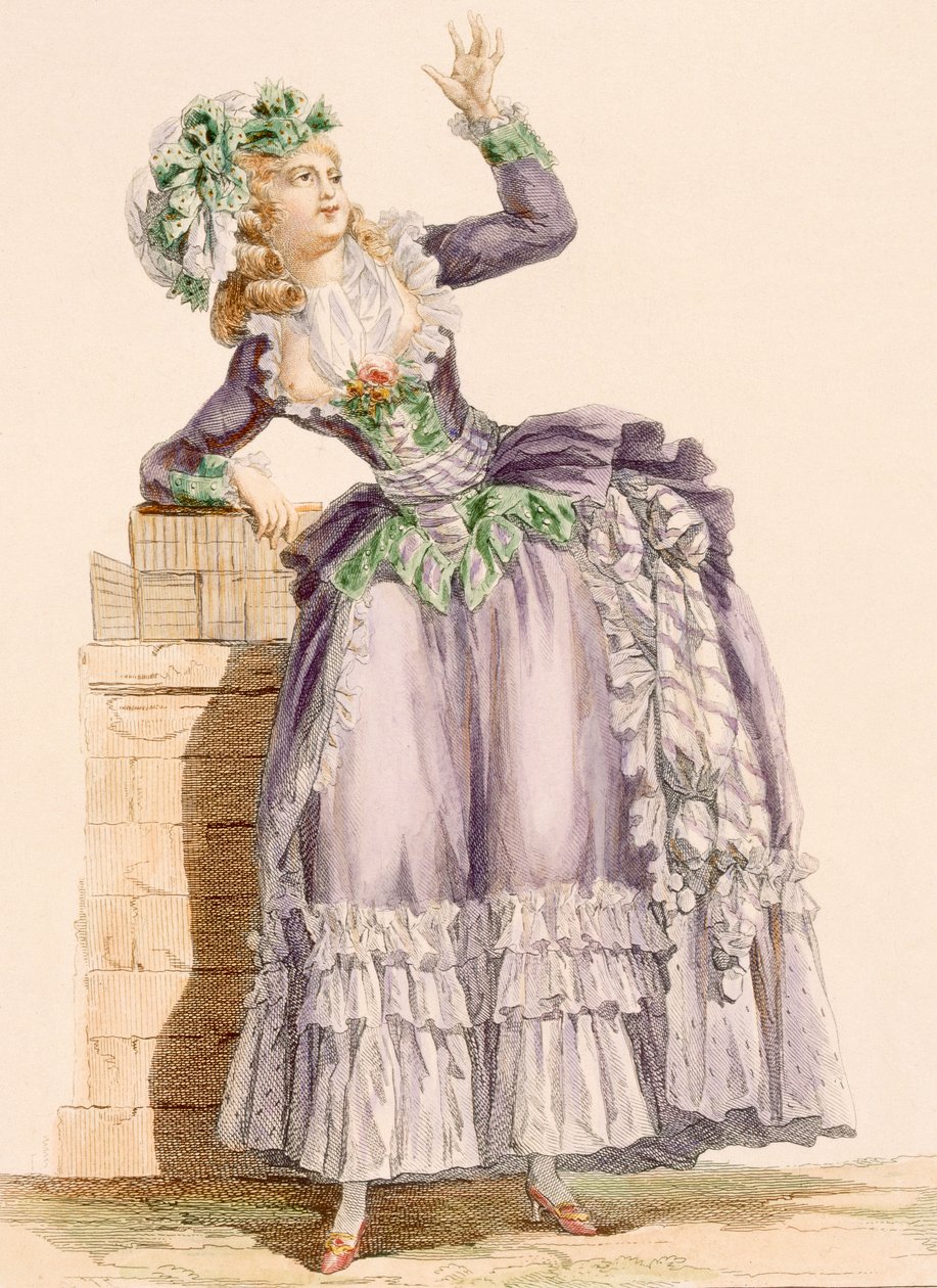 Damenkleid in Mauve und grünem Taft mit passendem Hut, graviert von Dupin, aus 