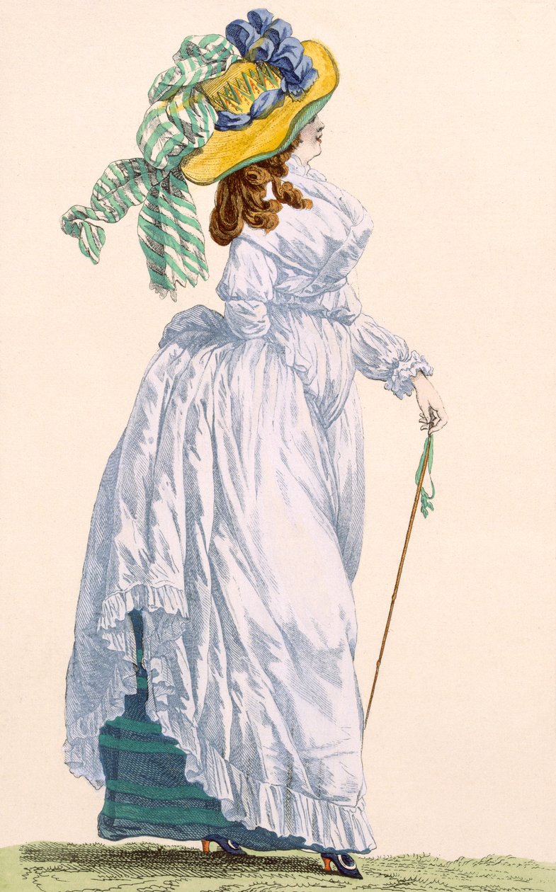 Himmelblaue Promenadenkleid mit grünem Unterrock, graviert von Le Beau, Platte Nr. 252 aus 