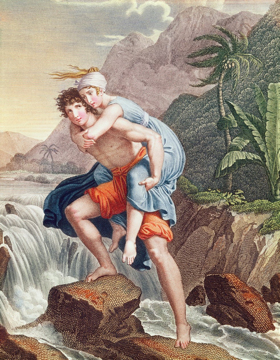 Paul trägt Virginie über den Fluss, 1805 (Farbstich) von Francois Pascal Simon Gerard