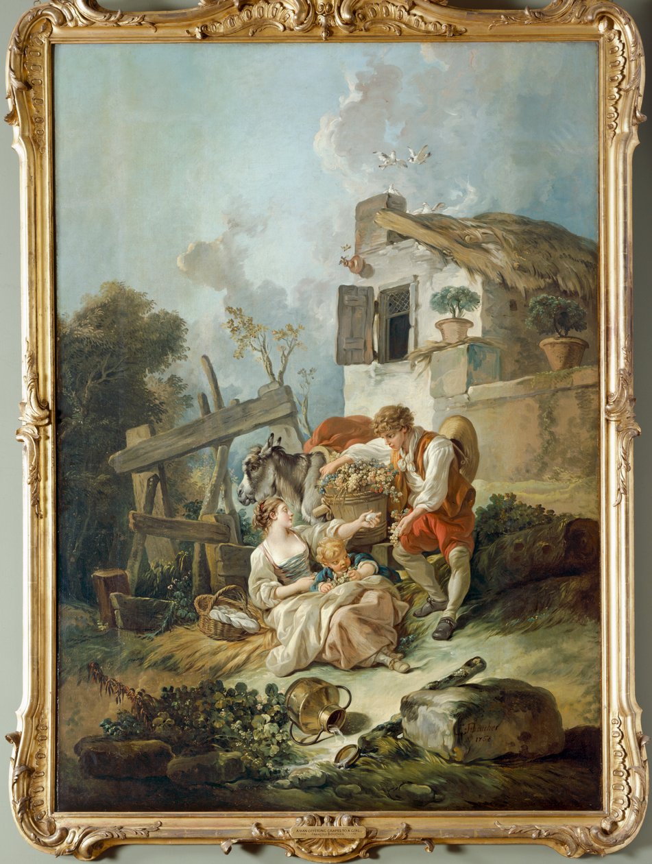 Ein Mann bietet einem Mädchen Trauben an von François Boucher
